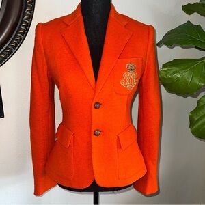 Ralph Lauren Women’s Orange 100% Wool Lined Blazer Embroidered Gold RL Crest 4